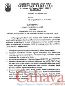 Surat edaran dari Pemerintah Provinsi Jawa Timur nomor 736/24068/013.4/2020 tentang Penerapan Protokol Kesehatan Pembatasan Jam Malam di Tahun Baru.